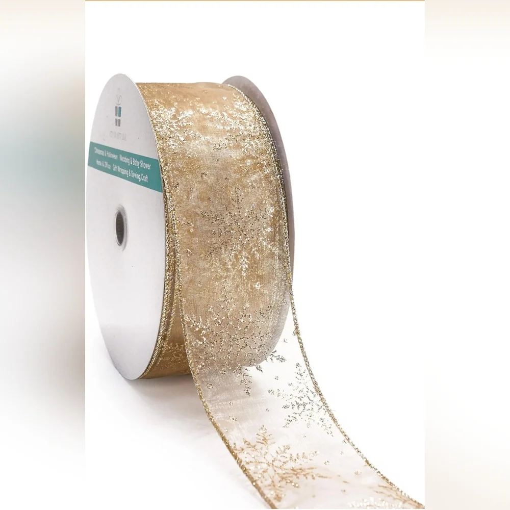 Ct Craft Llc Organza With Gold Flitter Snowflake Wired Ribbon 2.5